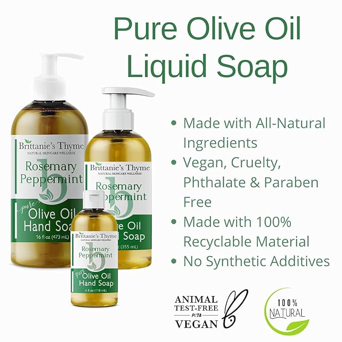 Brittanie’s Pure Castile Liquid Soap Refill, Rosemary Peppermint, 16 Ounce 3 Pack | Dish Soap, Hair & Body, Home, Gentle and Pure, Made with Natural Luxurious Oils, Vegan & Gluten Free Non-GMO