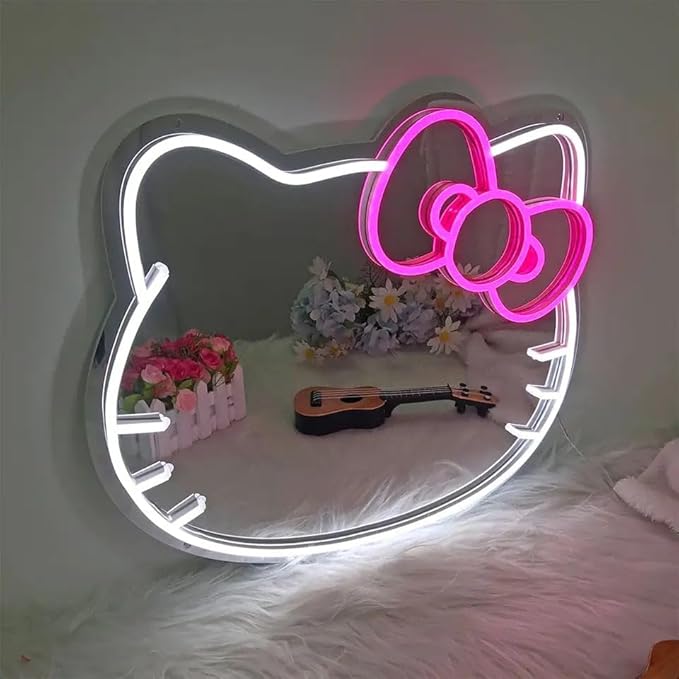 Anime Mirror 13.3 x 16.14 Inches Vanity Mirror with Lights Cat Design Bedroom Wall Mirror Girls Makeup Kitty Mirror with Lights Neon Sign Gift Mirror