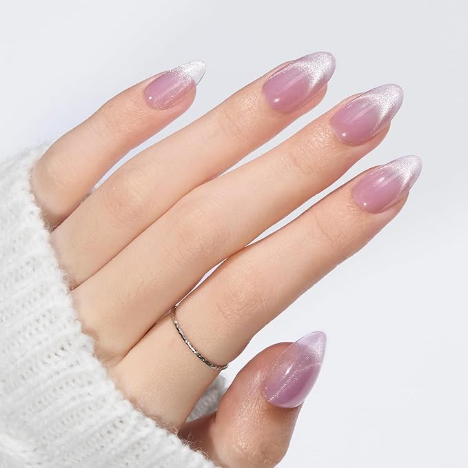 VSALON Press On Nails Short Almond Purple Cat Eye Fake Nails with Extra UV Glue Kit, 28-Days Salon-Strong No Pop-Off, Reusable Semi-transparent Fake Nails - 32 PCS in 16 Sizes (Misty Purple)