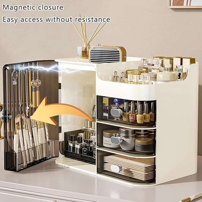 Cosmetics Display Case with Mirror, Large Capacity Cosmetic Storage Box with Drawers, Dust and Waterproof Makeup Organizer, Skincare Jewelry Storage Box for Bedroom, Bathroom (Transparently black)