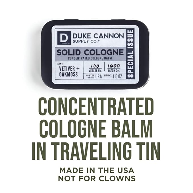 Duke Cannon Supply Co. Solid Cologne for Men Special Issue Vetiver and Oakmoss (Fresh Air, Sandalwood) - Concentrated Balm, Travel-Friendly Tin, 1.5 oz