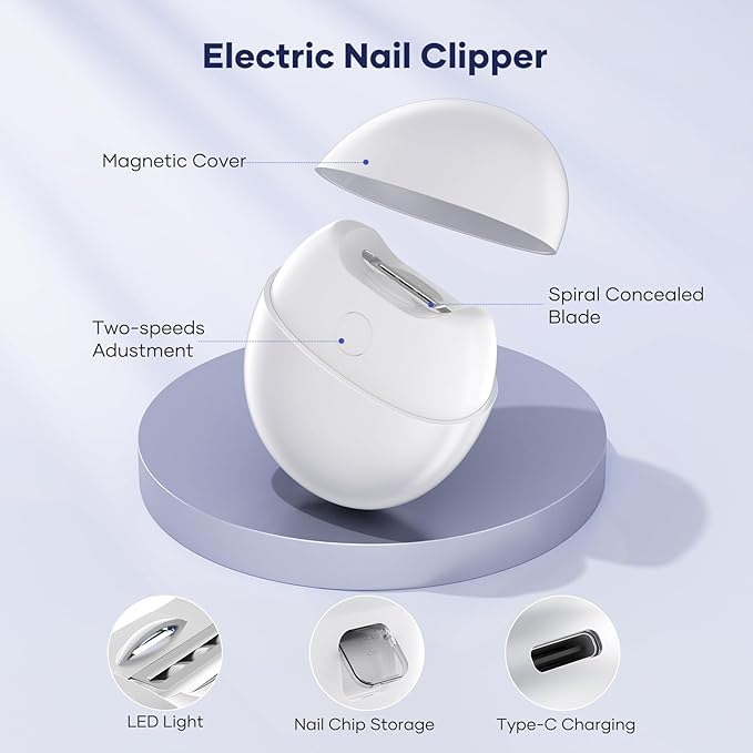 Electric Nail Clipper with USB Charging: Automatic Nail Clippers with Led Light - USB Rechargeable Safety Fingernail Trimmer for Baby Seniors Kids Adults (White, Medium)
