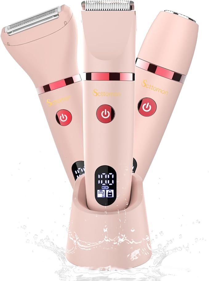 3-in-1 Electric Razor IPX7 Waterproof Bikini Trimmer Wet & Dry Use Painless Personal Trimmer Groomer for Ladies Face Body Legs Bikini Public Hairs Electric Lady Shaver with Replaceable Heads