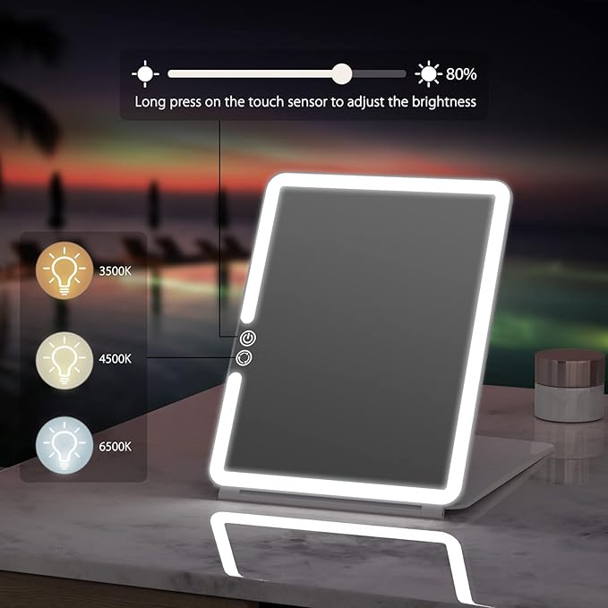 WEILY Portable Travel Mirror Makeup Mirror with 72 LED Lights, Touch Screen Three Colors Dimmable,Ultra Thin, 2000 mAh USB Rechargeable Foldable Cosmetic Mirror(White)