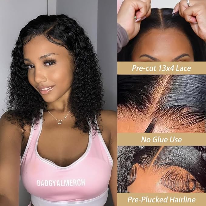13x4 Curly Bob Wig Human Hair Water Wave HD Lace Front Bob Wigs Curly Human Hair Wig For Women Wet And Wavy Wigs 180% Density Wear And Go Glueless Wig Pre Plucked Pre Cut (10 Inch)
