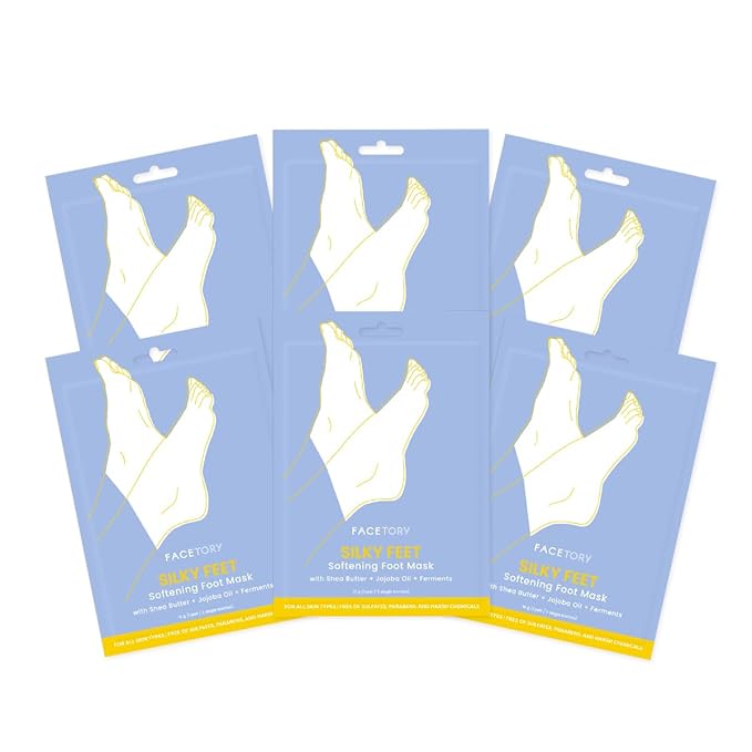 FACETORY Silky Feet Softening Foot Mask with Shea Butter, Jojoba Oil, and Ferments - Exfoliating and Moisturizing Foot Care Mask for Dry and Cracked Feet, Moisture-Locking Socks - 6 Booties
