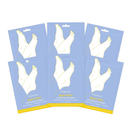 FACETORY Silky Feet Softening Foot Mask with Shea Butter, Jojoba Oil, and Ferments - Exfoliating and Moisturizing Foot Care Mask for Dry and Cracked Feet, Moisture-Locking Socks - 6 Booties