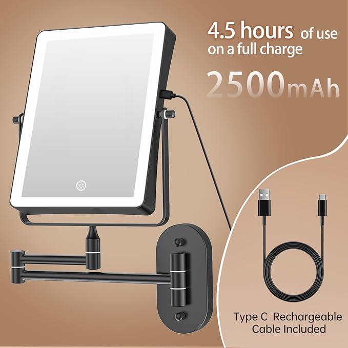 FASCINATE Rechargeable Wall Mounted Makeup Mirror, Bathroom Mirror Rectangle 8.7 Inch Double Sided 1X 10X Magnifying, 3 Color Setting, Extended Arm 360° Swivel Foldable Black