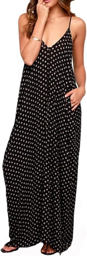 LILBETTER Women V-Neck Polka Dot Print Spaghetti Strap Boho Long Maxi Dresses