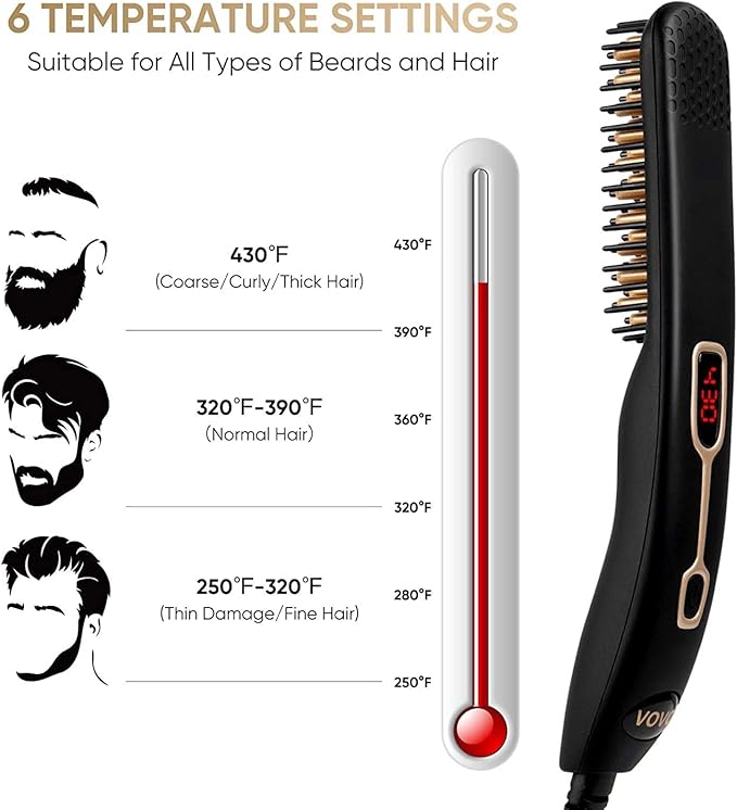 VOVO Beard Straightener Comb Upgrade Professional 2 in 1 Men's Beard Straightening Heated Hair Straightening Brush Portable Anti-Burn 6 Temperature Adjustable with LED Display for Home and Travel
