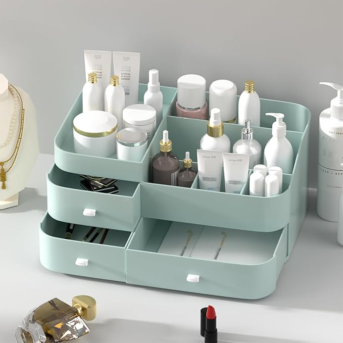 MIUOPUR Makeup Organizer for Vanity, Large Capacity Desk Organizer with Drawers for Cosmetics, Lipsticks, Jewelry, Nail Care, Skincare, Ideal for Bedroom and Bathroom Countertops - Large Green