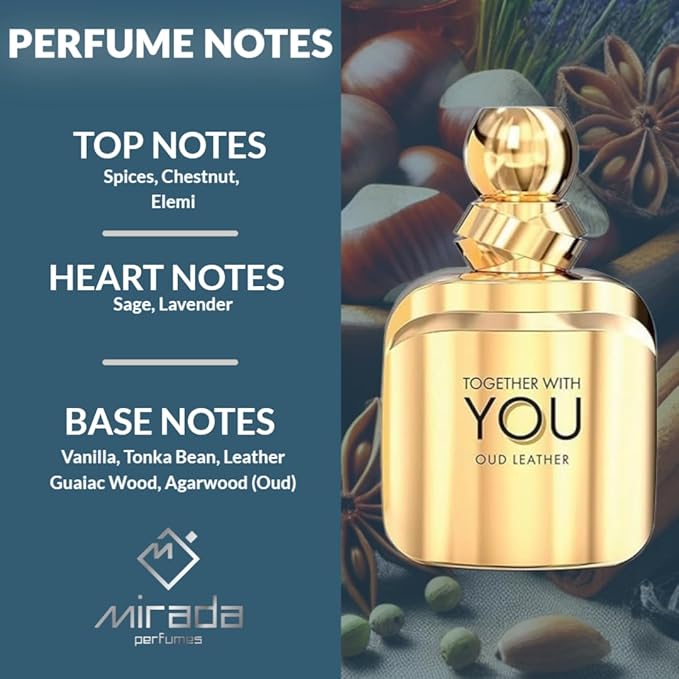 Together With You Oud Leather, Men's Eau de Parfum (EDP) 3.4 FL. Oz (100ml), Men’s Perfume with Notes of Spices, Chestnut, Elemi, Sage, Lavender, Vanilla, Tonka Bean, Leather