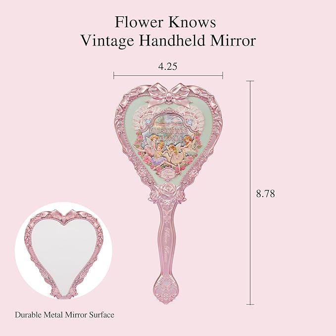 Flower Knows Midsummer Fairytales Hand Mirror,Portable Vintage Handheld Mirror,Durable Metal Mirror,Cute & Aesthetic Princess Mirror,with Long Handle for Easy Holding,Gift for Girls(Tea Menthe)