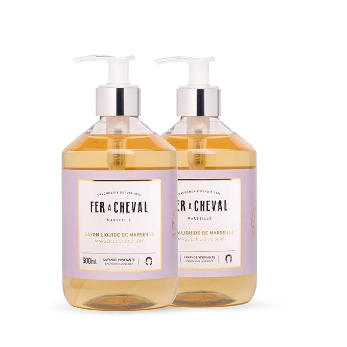 Fer à Cheval Energizing Lavender Marseille Liquid Soap Duo | Argan & Coconut Oil Enriched, Luxurious Lather, Ultra-Hydrating, SLS-Free, Natural Ingredients - Set of 2, 500ml/16.9 f oz