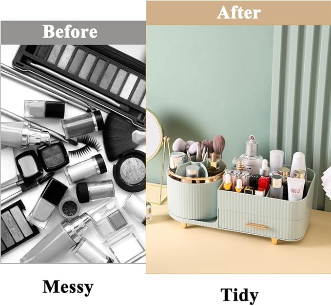 Makeup Organizer Countertop with Drawer 360 Rotating Brush Holder Storage Large Capacity Skincare Cosmetic Display Cases for Vanity Bathroom Desktop, Model 3016 Green
