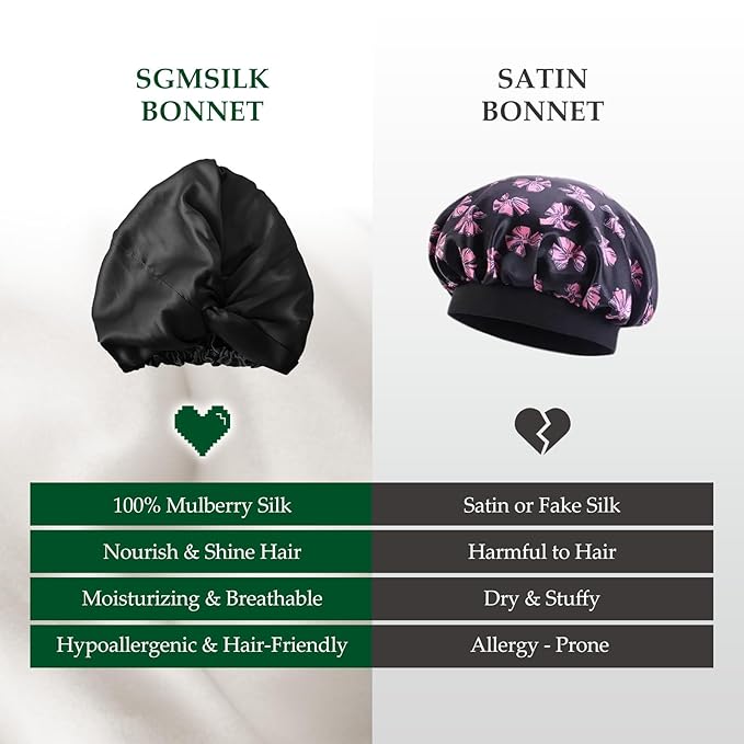 Silk Bonnet for Sleeping Women, 100% Mulberry Silk Sleep Cap with Elastic Band, Real Mulberry on Both Sides, Black