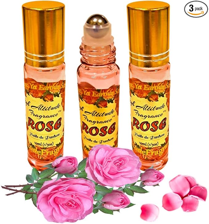 ROSE Perfume Oil - All-Natural Essential Oil Fragrance - Huile de Parfum - Bulgarian Damask Rosa Damascena Petals Otto,Tea Rose, De Mai - Roll On Roller Ball - Party Travel Guest Favors Gifts - 10mlx3