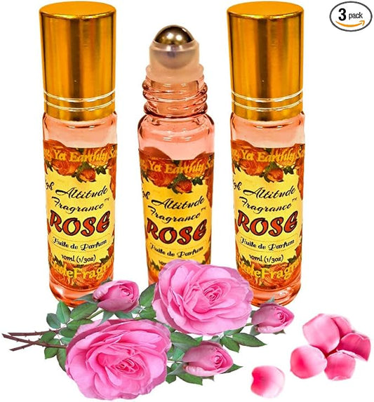 ROSE Perfume Oil - All-Natural Essential Oil Fragrance - Huile de Parfum - Bulgarian Damask Rosa Damascena Petals Otto,Tea Rose, De Mai - Roll On Roller Ball - Party Travel Guest Favors Gifts - 10mlx3