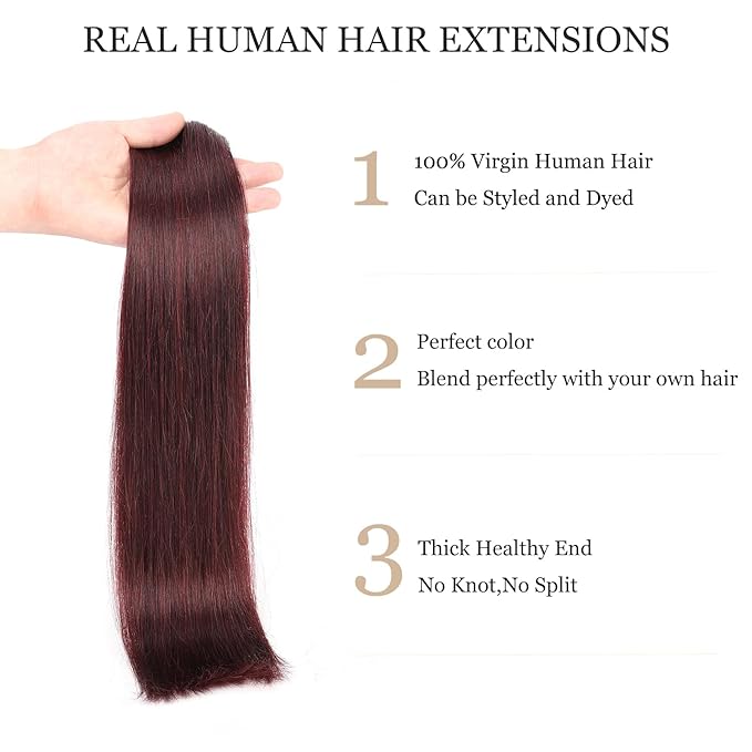 Clip in Real Human Hair Extensions,120g #99j Wine Red Full Head 14inch 8pcs 20clips Straight Human Hair Clip In Extensions for Women Burgundy Red Hair Extensions