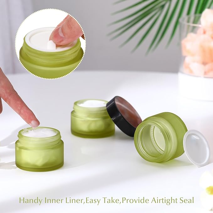 Domensi 60 Pcs 1oz Glass Jars with Lids Bulk Salve Tins Small Glass Candle Cosmetic Jars for Travel with Inner Liners Containers for Lotions Sample Cream(Green, Black Lid)