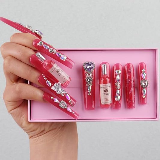 Handmade 3D Extra Long Tips Acrylic Rose Wine Bar Colorful Press On Nails,Salon False Nails with Design Nail Art Gifts for Women and Girls,Reusable Stick On Nails 10Pcs,Size M