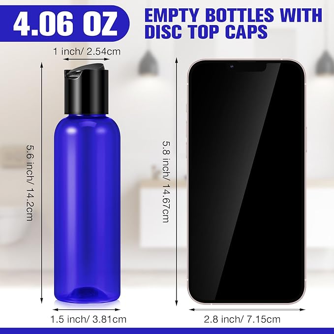 50 Pcs 4oz Empty Plastic Travel Bottles with Disc Top Flip Cap Small Travel Size Bottles Blue Refillable Empty Containers for Shampoo Lotion Liquid Body Soap Cream Toiletries