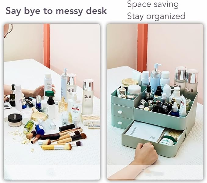 Makeup Organizer for Vanity, Large Countertop Organizer with Drawers, Cosmetics Storage for Skin Care, Brushes, Eyeshadow, Lotions, Lipstick,Nail Polish.Great for Dresser, Bathroom, Bedroom-Green