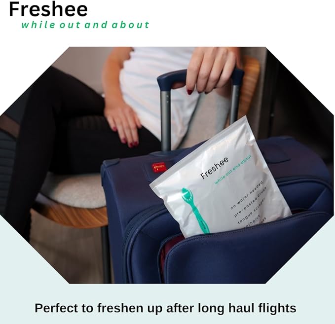 Freshee 5 in 1 Disposable Mini Toothbrush with Toothpaste + Floss + Pick + Tongue Scraper | Travel Size | Individually Wrapped | Soft | Mint | Travel Set | Oral Care