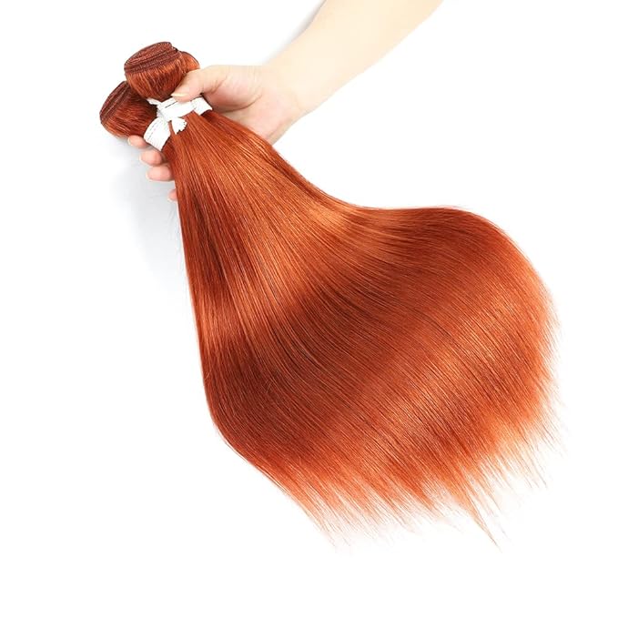 REMY HAIR Straight Burnt Orange 3 Human Hair Bundles with Free Part 4ﾗ4 Lace Closure 100% Brazilian Mermaid Remy Orange Human Hair Weaves for Women #350 (12 14 16 + C10)