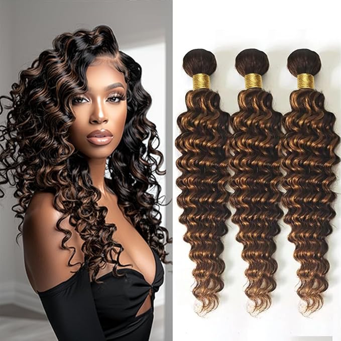 P1B30 Human Hair ombre Deep Wave Bundles Human Hair Two Tone Black and Brown With Highlights Deep Wave Bundles Brazilian Weave Soft and Silky for Women 26 28 30 Inch