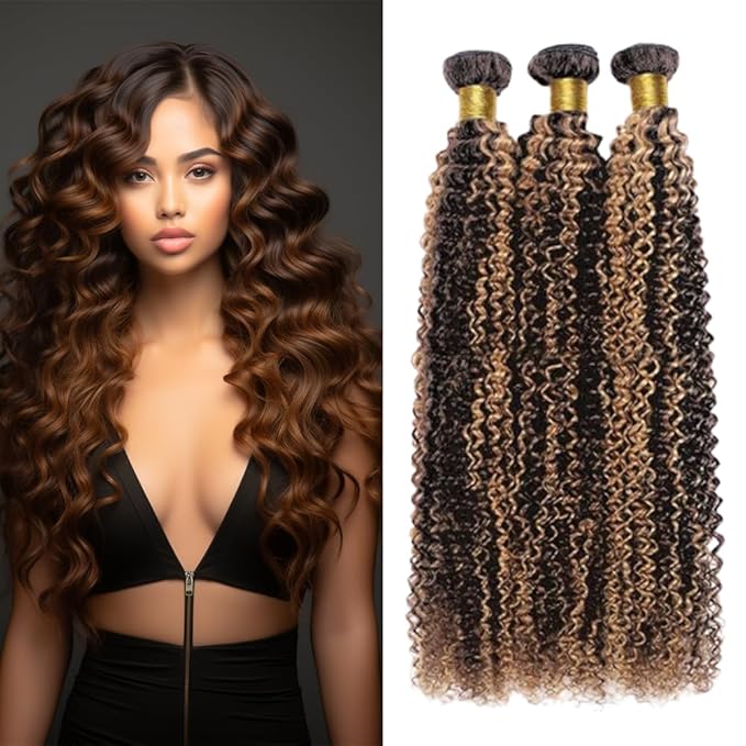 Ombre Deep Curly Bundles Human Hair P1B/30 Highlight Black and Brown Kinky Curly Bundles two tone Double Weft Brazilian Human Hair Soft and Silky for Black Women 18 20 22 Inch