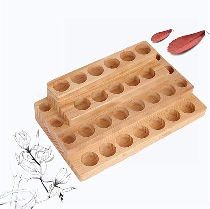 Pure Vie 4 Tier Essential Oil Bottles Wooden Storage Display Stand Travel Display Presentation Holder, Cosmetic Aromatherapy Organizer Rack Nail Polish Fragrance Container - Holds 30 Slots (15 ml)