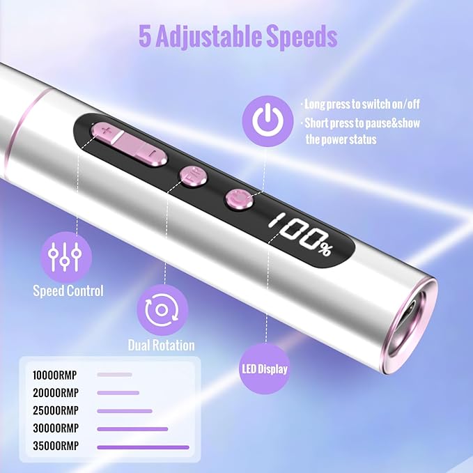 Cordless Electric Nail Drill Machine, 13 in 1 Nail File Kit 35000RPM Professional Portable Rechargeable E File for Acrylic Polish Gel Removal Manicure Pedicure Set with 5 Speeds DN-2402