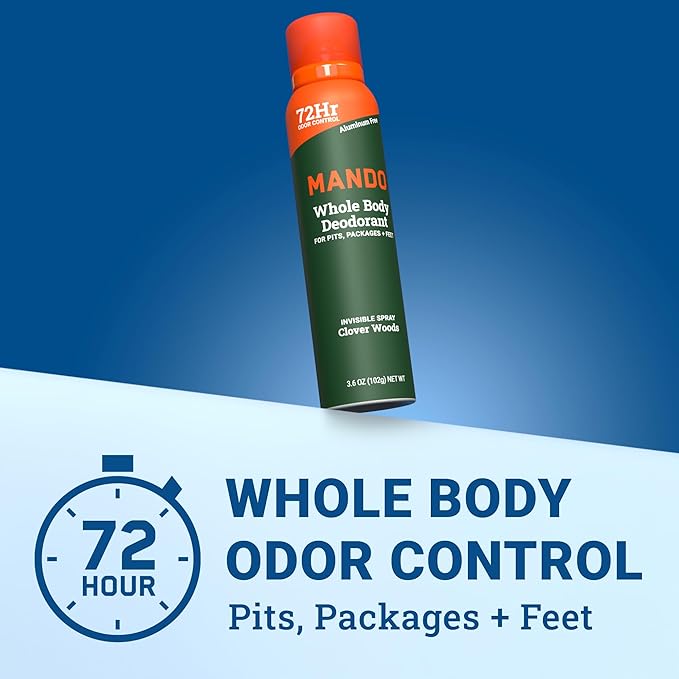 Mando Whole Body Deodorant For Men - Invisible Spray Deodorant - 72 Hour Odor Control - Low Irritation Formula - Aluminum Free, Benzene Free - 3.6 ounce Cans (Pack of 2) - Clover Woods