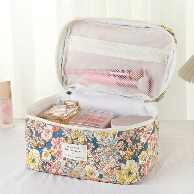 Makeup Bag, 3 PCS Quilted Makeup Bag, Cute Floral Cotton Cosmetic Bag set, Coquette Makeup Pouch Large Travel Toiletry Bag