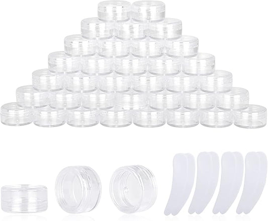 100PCS 3 Gram Sample Containers, 3ml Empty Jars with Lids, Small Cosmetic Containers, Mini Sample Jars with 8PCS Mini Spatulas for Make Up, Oils, Lotion, Powder, Paint, Jewelry, Lip Balms(Clear Lid)