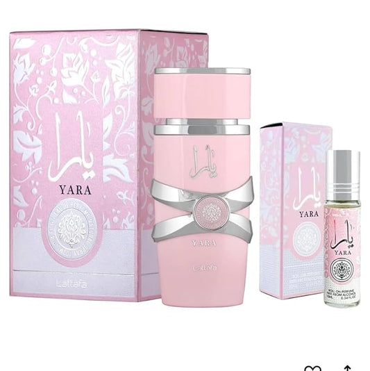 Lattafa Yara 2-piece Fragrance Bundle for Women (3.4 Oz Eau de Parfum Spray + 0.34 Oz Concentrated Perfume Oil)