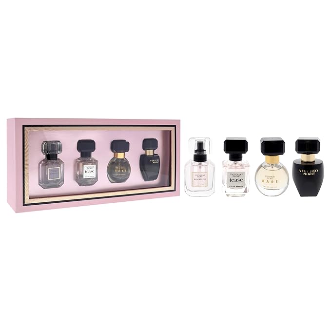 Victoria's Secret Fragrance Discovery Set for Women - 4 Pc Mini Gift Set with Bombshell, Tease, Bare, and Very Sexy Night EDP Sprays (0.25oz Each)