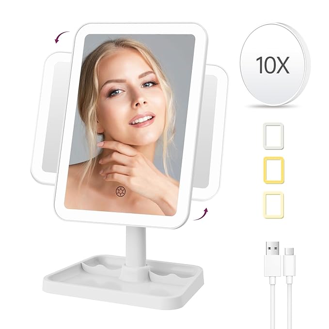 FUNTOUCH 2000mAh Rechargeable Light up Makeup Mirror with Lights,Make up Mirror with 3 Color Lights and 3.5" Detachable 10X Magnification,360°Rotation Led Makeup Mirror with Storage for Desk