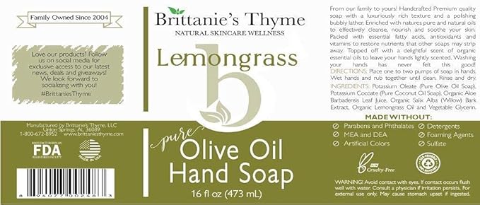 Brittanie’s Pure Castile Liquid Soap Refill, Lemongrass, 16 Ounce | Dish Soap, Hair & Body, Home, Gentle and Pure, Made with Natural Luxurious Oils, Vegan & Gluten Free Non-GMO