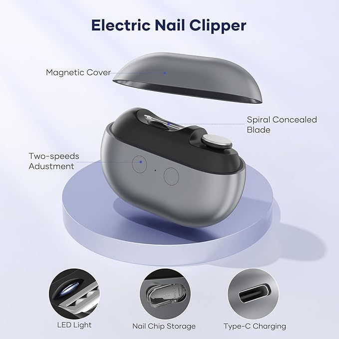 Electric Nail Clipper with USB Charging: Acina 2025 Upgraded Automatic Nail Clippers with Led Light - USB Rechargeable Safety Fingernail Trimmer for Baby Seniors Kids Adults (Black, Large)