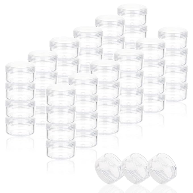 ZEJIA 5 Gram Sample Containers with Lids, Mini Makeup Containers, Empty Plastic Travel Cosmetic Containers with Labels(100 Count, Clear Lid)