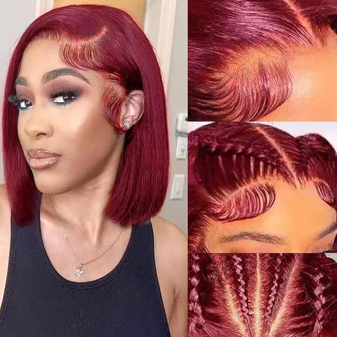 12 Inch 99j Burgundy Lace Front Wigs Human Hair Short Bob Wig Human Hair 13x4 Lace Front Wigs Human Hair Pre Plucked 180% Density Short Straight Bob Wig Natural Hairline Wine Red Wigs for Black Women
