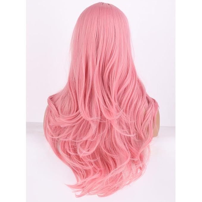 BERON Pink Wigs Long Wavy Wig for Women Natural Curly Pink Colorful Heat Resistant Synthetic Hair Wigs for Cosplay Party Daily or Use