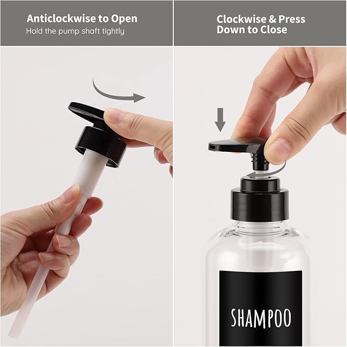 Shampoo Bottles with Labels, Segbeauty 3pcs 16.9oz/500ml Plastic Pump Bottle Dispenser, Empty Refillable Shower Lotion Body Soap Shampoo Conditioner Press Dispenser for Hotel Bathroom Kitchen Clear