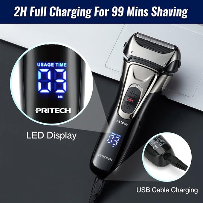 PRITECH Electric Razor for Men, Waterproof Foil Electric Shavers with Beard Trimmer, Cordless Rechargeable Razor for Shaving Face, LED Display Wet Dry Use