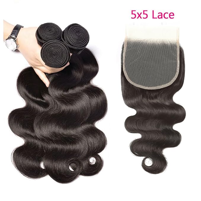 Body Wave Bundles with Closure Human Hair (14 16 18+12) 5x5 HD Closure Brazilian Human Hair 3 Bundles with Closure Unprocessed Virgin Hair Body Wave Bundles with 5x5 Lace Closure Free Part