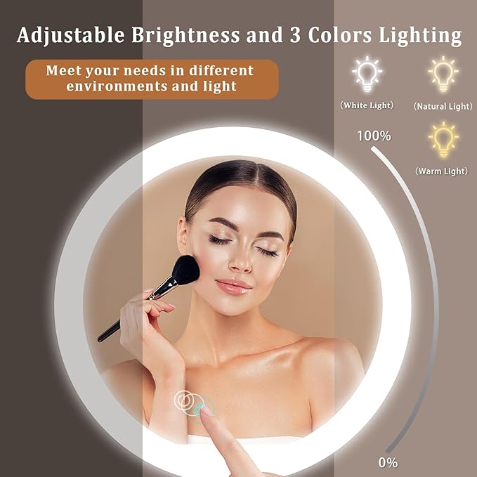 9in Vanity Mirror with Lights, Rechargeable&Dimming Lighted Makeup Mirror, 3X/20X Double Sided Magnifying Mirror,5000mAh,360 Rotate,3 Color Lights,Brightness with 80 LED,No Height Adjustment,Nickel