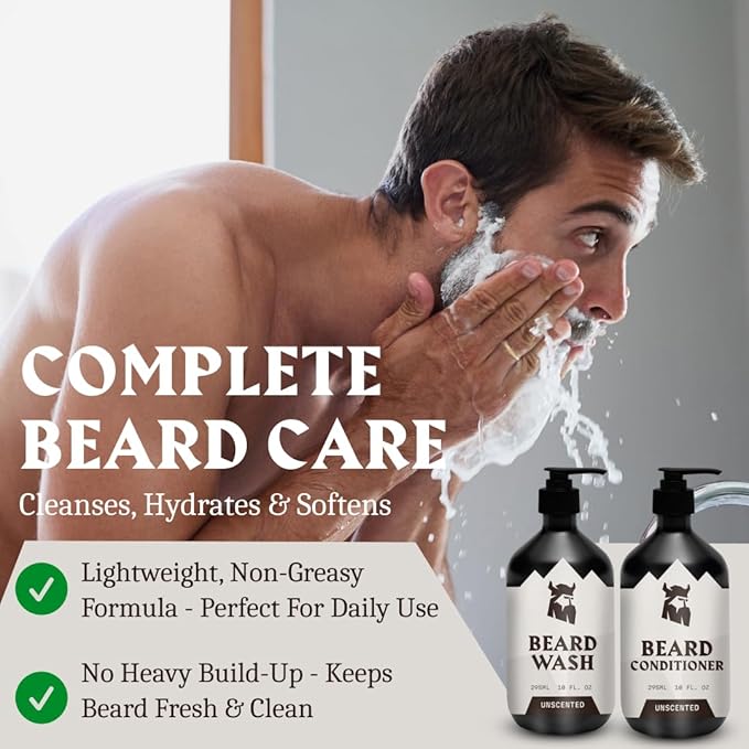 Striking Viking Beard Wash and Conditioner Unscented Scent - 10 Fl Oz (Pack of 2) Beard Shampoo and Conditioner Paraben & Sulfate Free for Men - Deep Cleansing for all Beard Types (Unscented)