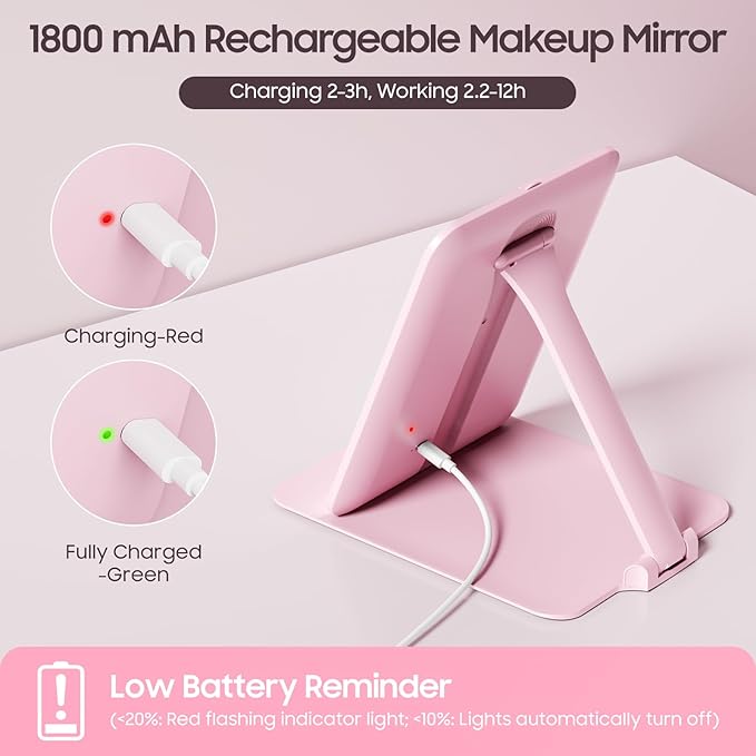 Benbilry Foldable Travel Makeup Mirror with Lights and 20X Magnification, Rechargeable Tabletop LED Vanity Mirror with Adjustable Stand, 3-Colored Dimmable Lighting, Portable Cosmetic Mirror, Pink